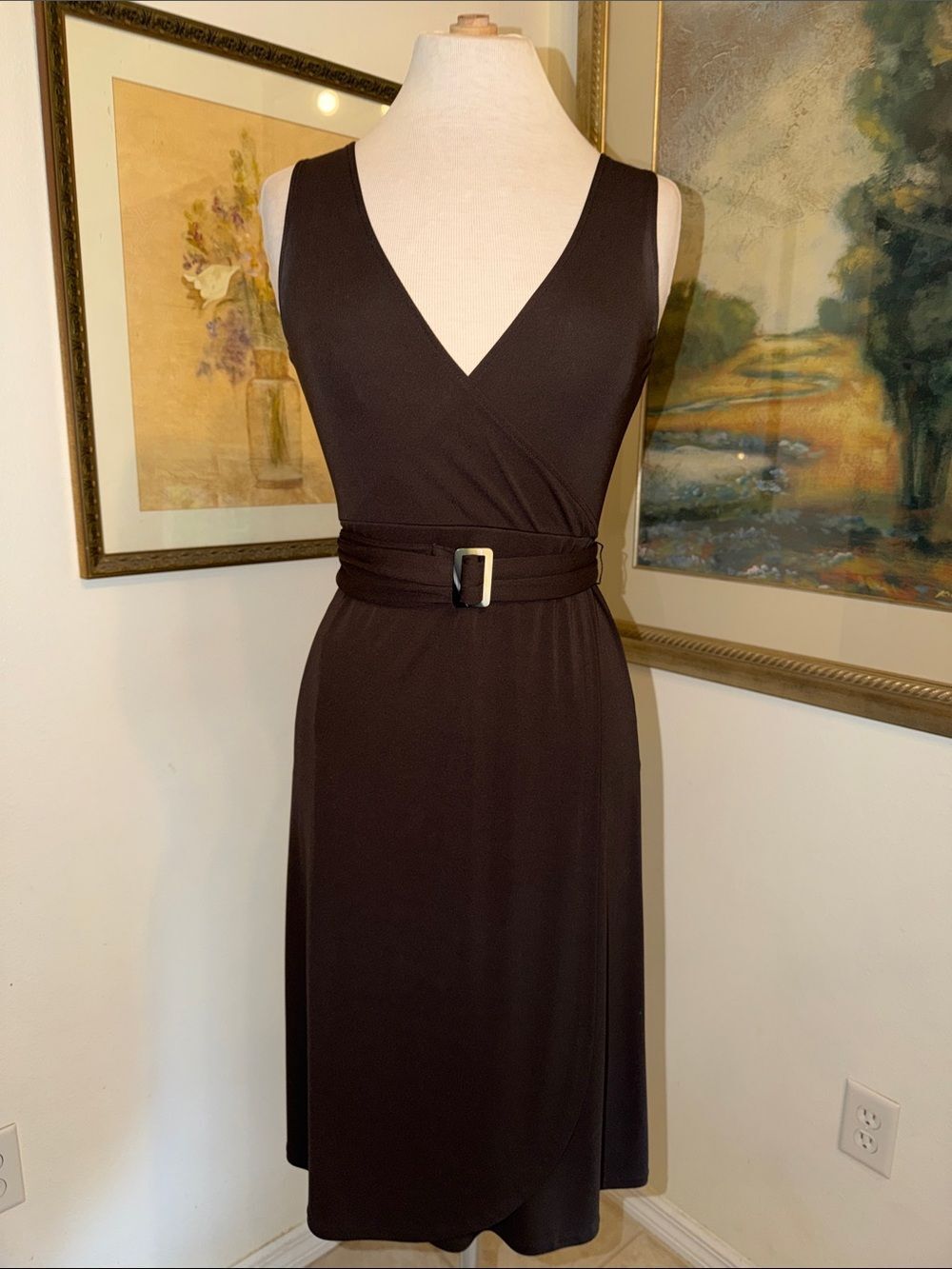 Banana Republic Dress Classic  V-Neck Sleeveless Brown Faux Wrap with Belt SMALL